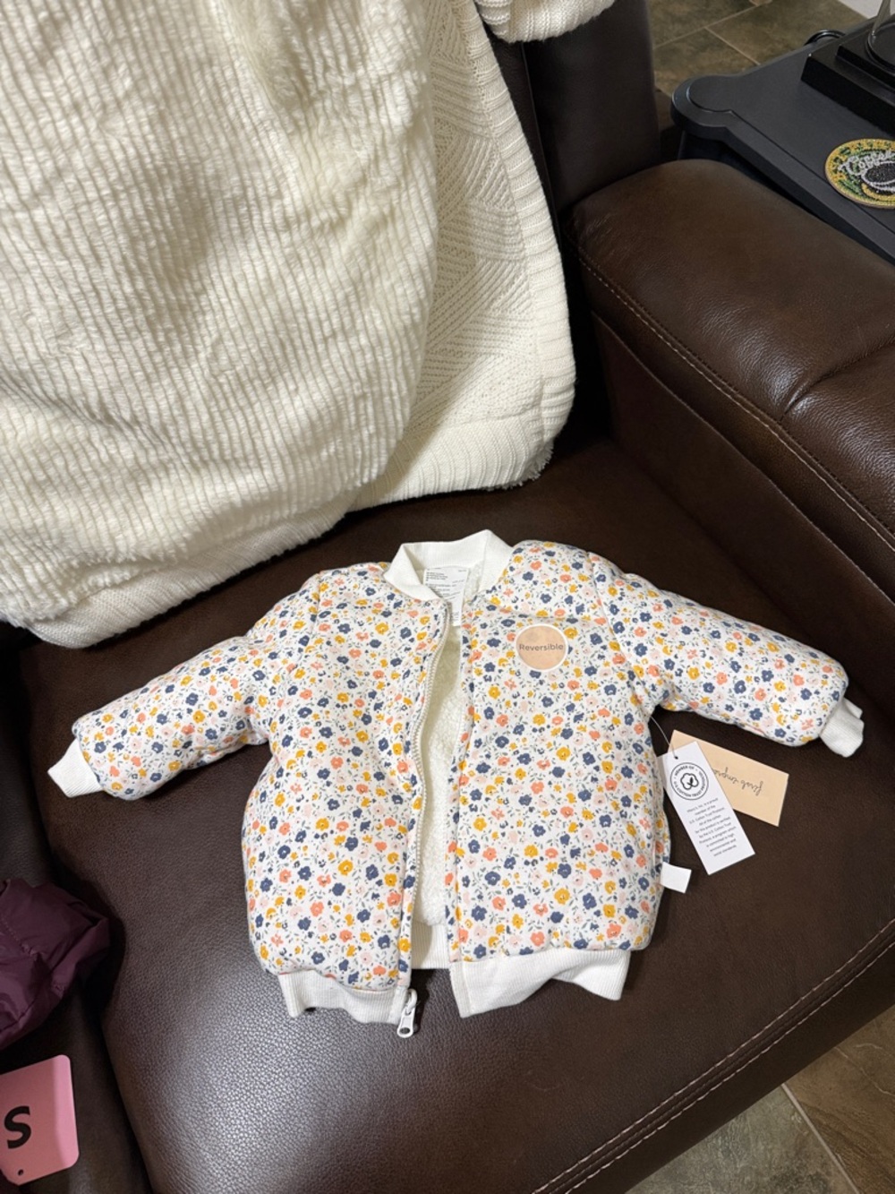 First Impressions Floral Reversible Baby Jacket in Cream, Yellow, Blue